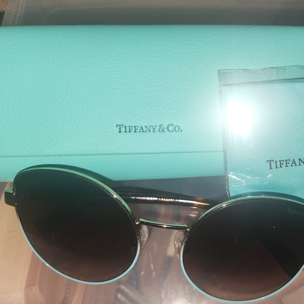 Tiffany & Co. Round Sunglasses with Tiffany Blue Trim and Dark Lenses